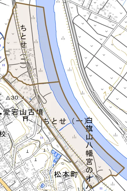 ちとせとその周辺の地図。町の範囲を重ねている