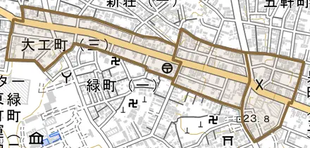 大工町とその周辺の地図。町の範囲を重ねている