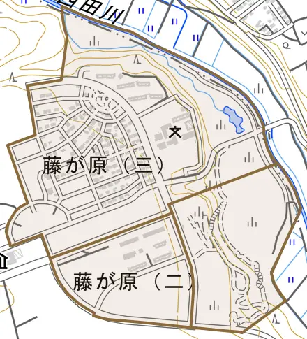 藤が原とその周辺の地図。町の範囲を重ねている
