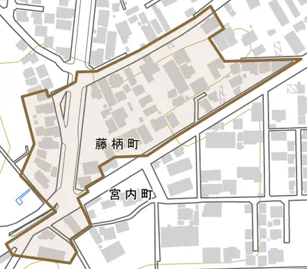 藤柄町とその周辺の地図。町の範囲を重ねている
