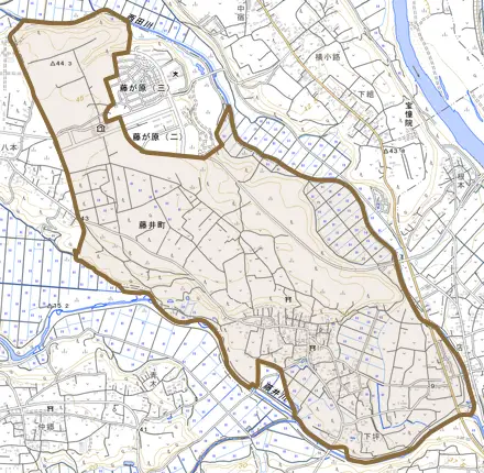 藤井町とその周辺の地図。町の範囲を重ねている