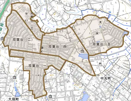 双葉台とその周辺の地図。町の範囲を重ねている