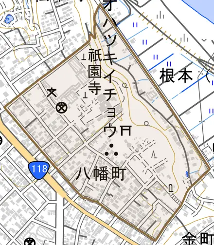 八幡町とその周辺の地図。町の範囲を重ねている