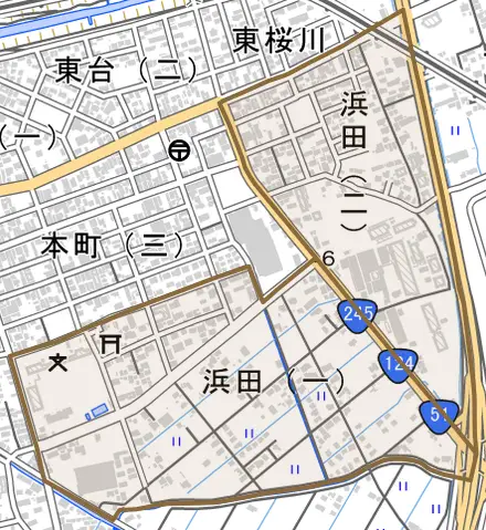 浜田とその周辺の地図。町の範囲を重ねている