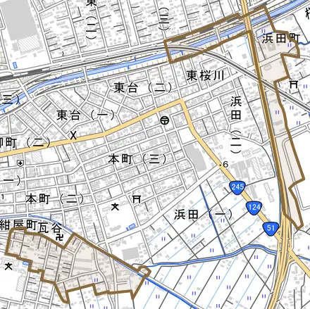 浜田町とその周辺の地図。町の範囲を重ねている