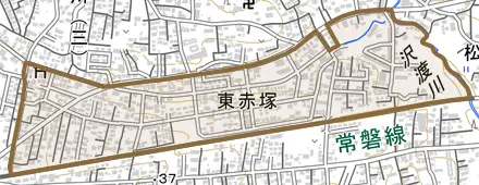 東赤塚とその周辺の地図。町の範囲を重ねている