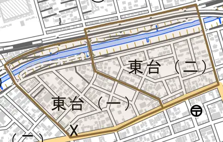 東台とその周辺の地図。町の範囲を重ねている