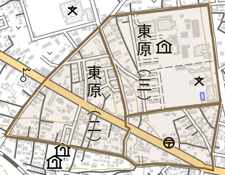 東原とその周辺の地図。町の範囲を重ねている
