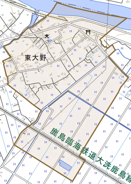 東大野とその周辺の地図。町の範囲を重ねている