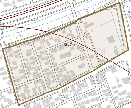 東桜川とその周辺の地図。町の範囲を重ねている