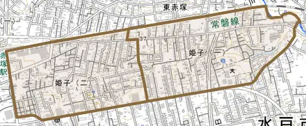 姫子とその周辺の地図。町の範囲を重ねている