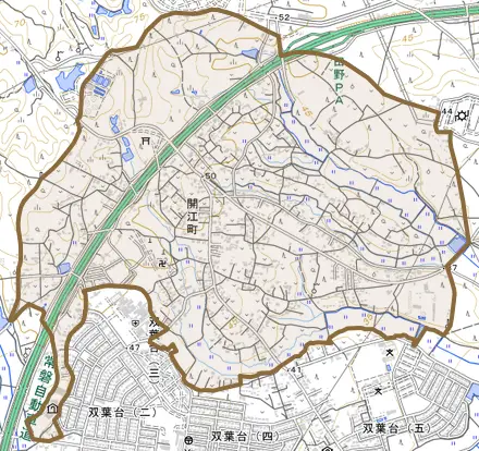 開江町とその周辺の地図。町の範囲を重ねている
