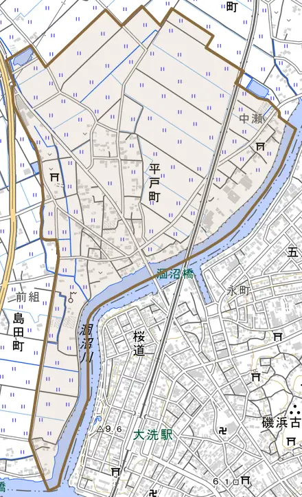 平戸町とその周辺の地図。町の範囲を重ねている