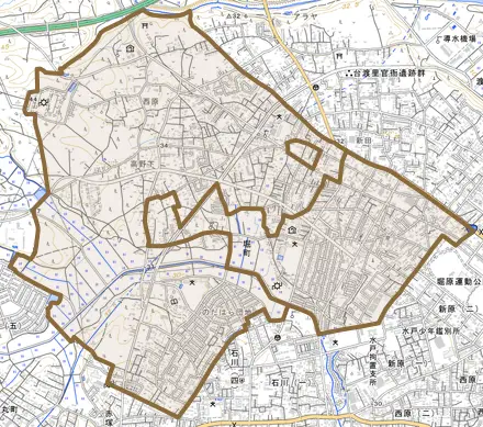 堀町とその周辺の地図。町の範囲を重ねている