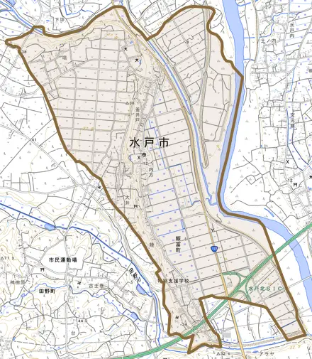 飯富町とその周辺の地図。町の範囲を重ねている