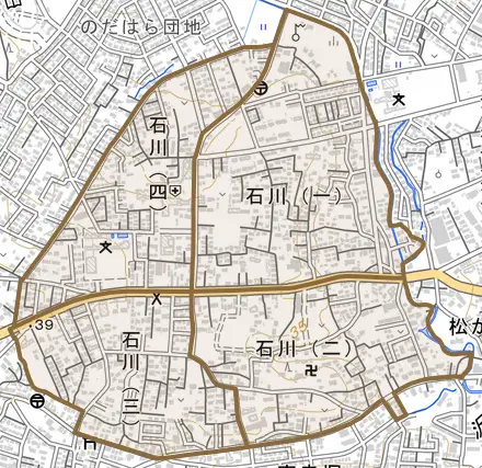 石川とその周辺の地図。町の範囲を重ねている
