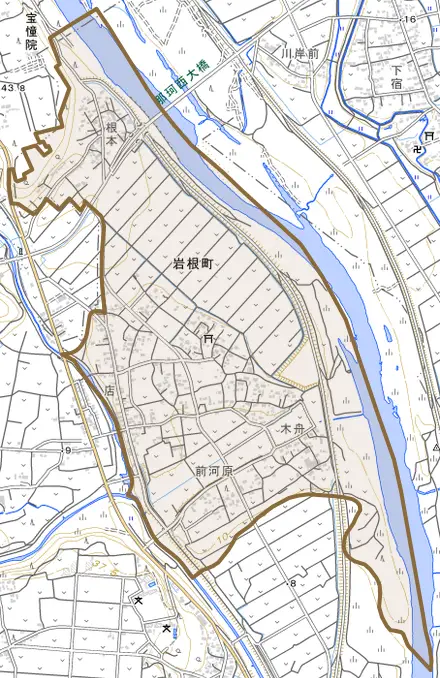 岩根町とその周辺の地図。町の範囲を重ねている