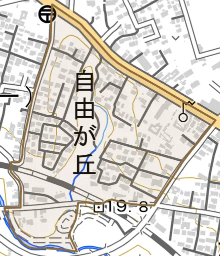 自由が丘とその周辺の地図。町の範囲を重ねている
