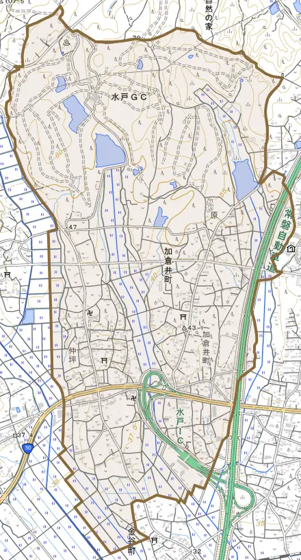 加倉井町とその周辺の地図。町の範囲を重ねている