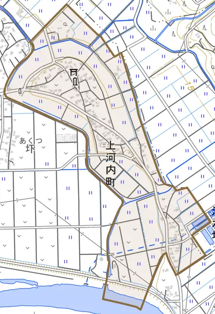 上河内町とその周辺の地図。町の範囲を重ねている