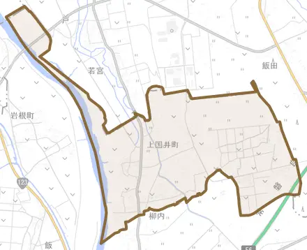 上国井町とその周辺の地図。町の範囲を重ねている