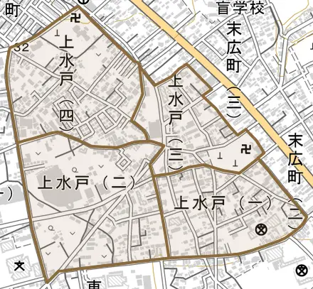 上水戸とその周辺の地図。町の範囲を重ねている