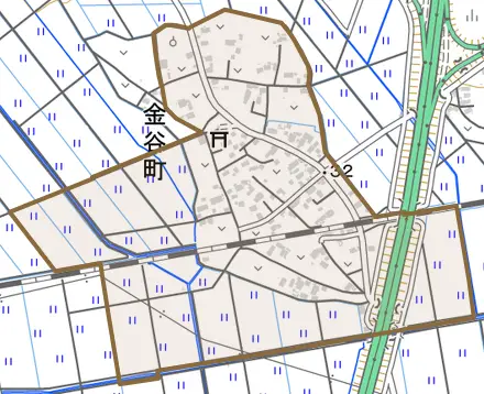 金谷町とその周辺の地図。町の範囲を重ねている