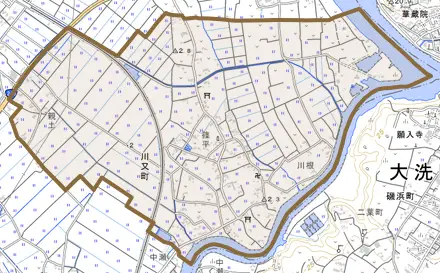 川又町とその周辺の地図。町の範囲を重ねている