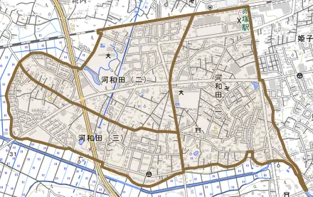 河和田とその周辺の地図。町の範囲を重ねている