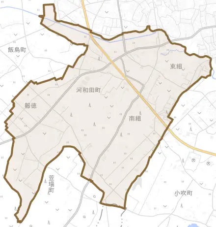 河和田町とその周辺の地図。町の範囲を重ねている