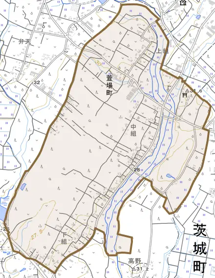萱場町とその周辺の地図。町の範囲を重ねている