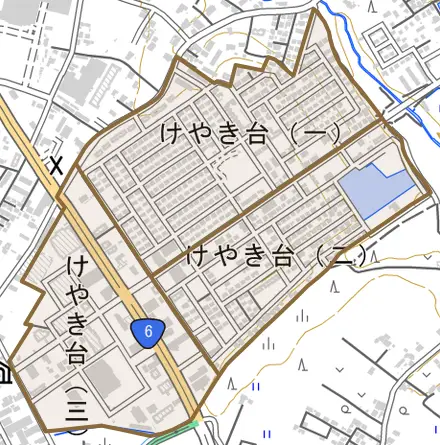けやき台とその周辺の地図。町の範囲を重ねている