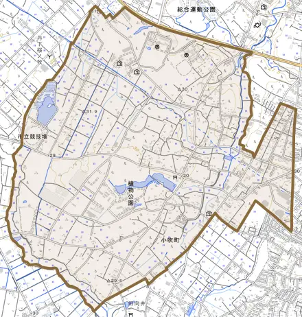 小吹町とその周辺の地図。町の範囲を重ねている