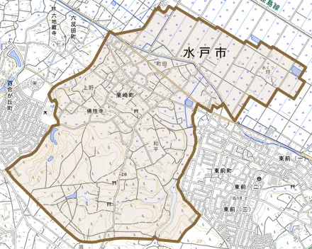 栗崎町とその周辺の地図。町の範囲を重ねている