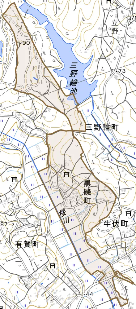 黒磯町とその周辺の地図。町の範囲を重ねている