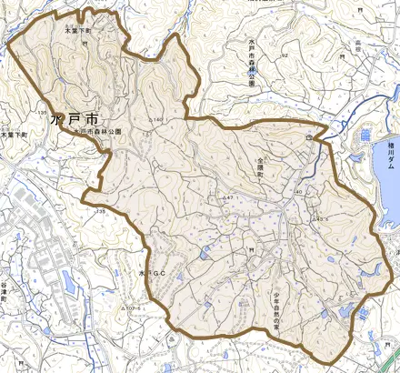 全隈町とその周辺の地図。町の範囲を重ねている