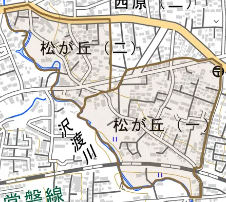 松が丘とその周辺の地図。町の範囲を重ねている