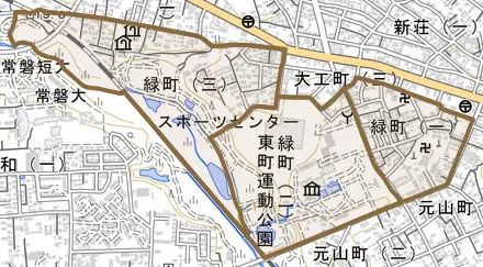 緑町とその周辺の地図。町の範囲を重ねている