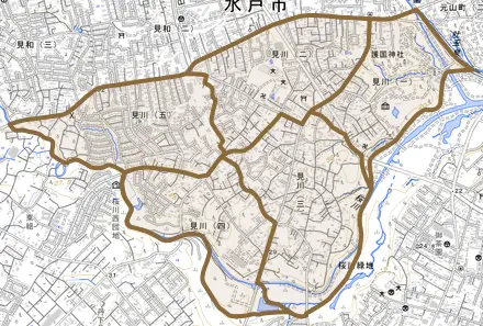見川とその周辺の地図。町の範囲を重ねている