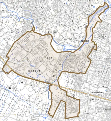 見川町とその周辺の地図。町の範囲を重ねている