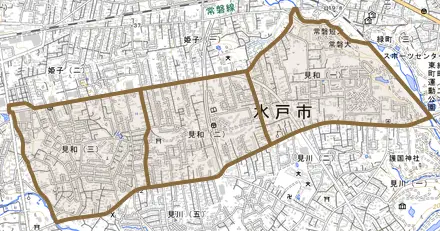 見和とその周辺の地図。町の範囲を重ねている