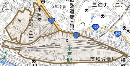 宮町とその周辺の地図。町の範囲を重ねている