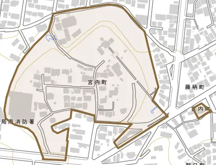 宮内町とその周辺の地図。町の範囲を重ねている