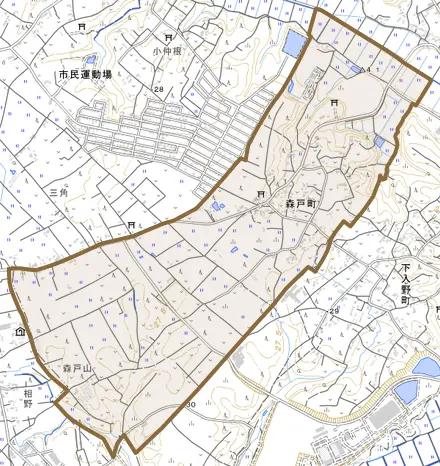 森戸町とその周辺の地図。町の範囲を重ねている