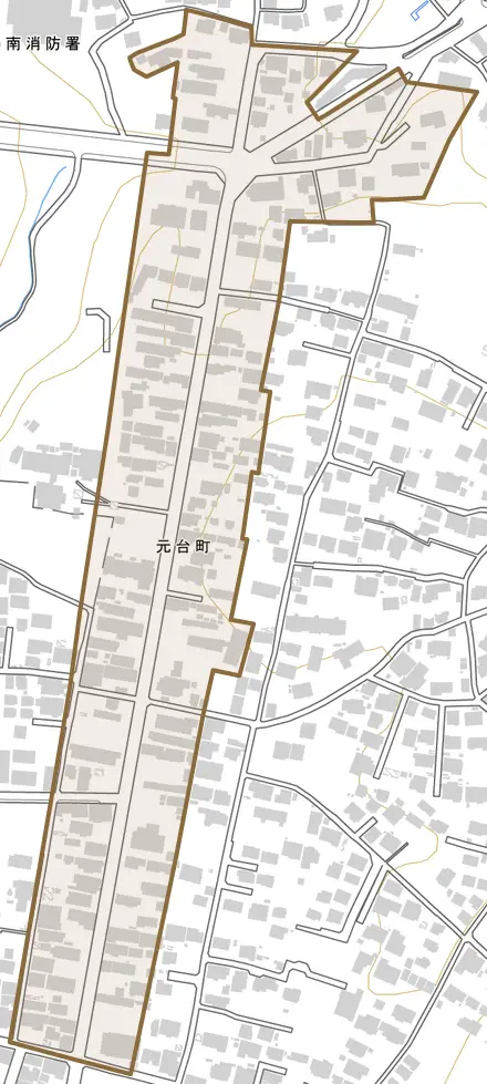 元台町とその周辺の地図。町の範囲を重ねている