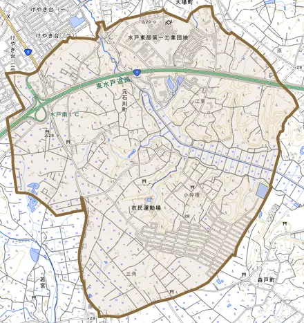 元石川町とその周辺の地図。町の範囲を重ねている