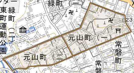 元山町とその周辺の地図。町の範囲を重ねている