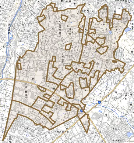 元吉田町とその周辺の地図。町の範囲を重ねている