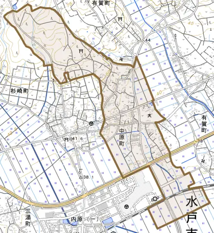 中原町とその周辺の地図。町の範囲を重ねている
