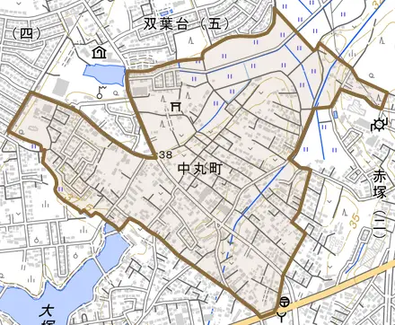 中丸町とその周辺の地図。町の範囲を重ねている